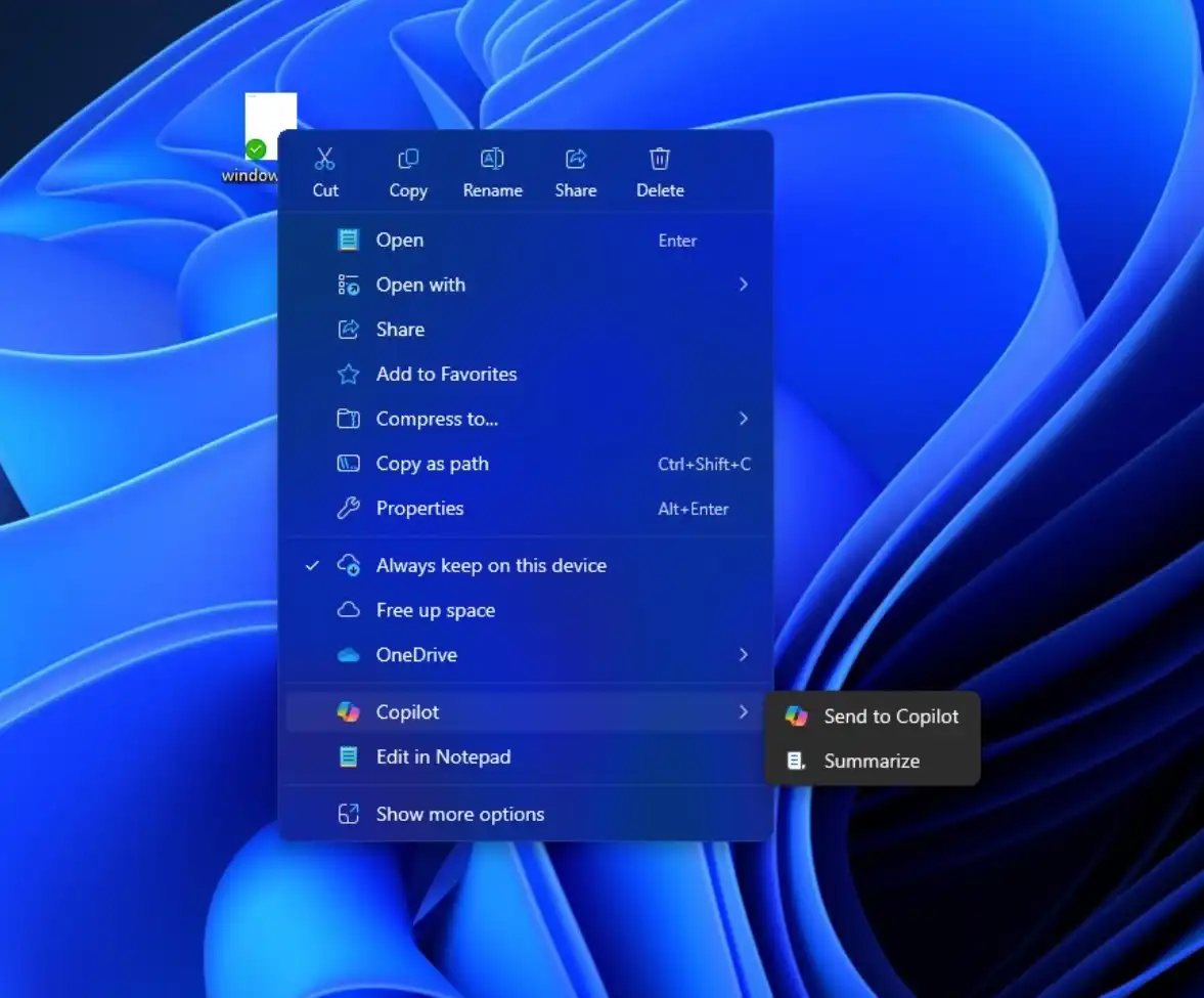 مایکروسافت قصد دارد با اقدامات هوش مصنوعی (AI Actions) نوآوریهایی در File Explorer ویندوز 11 ایجاد کند. 1 Copilot in right click menu