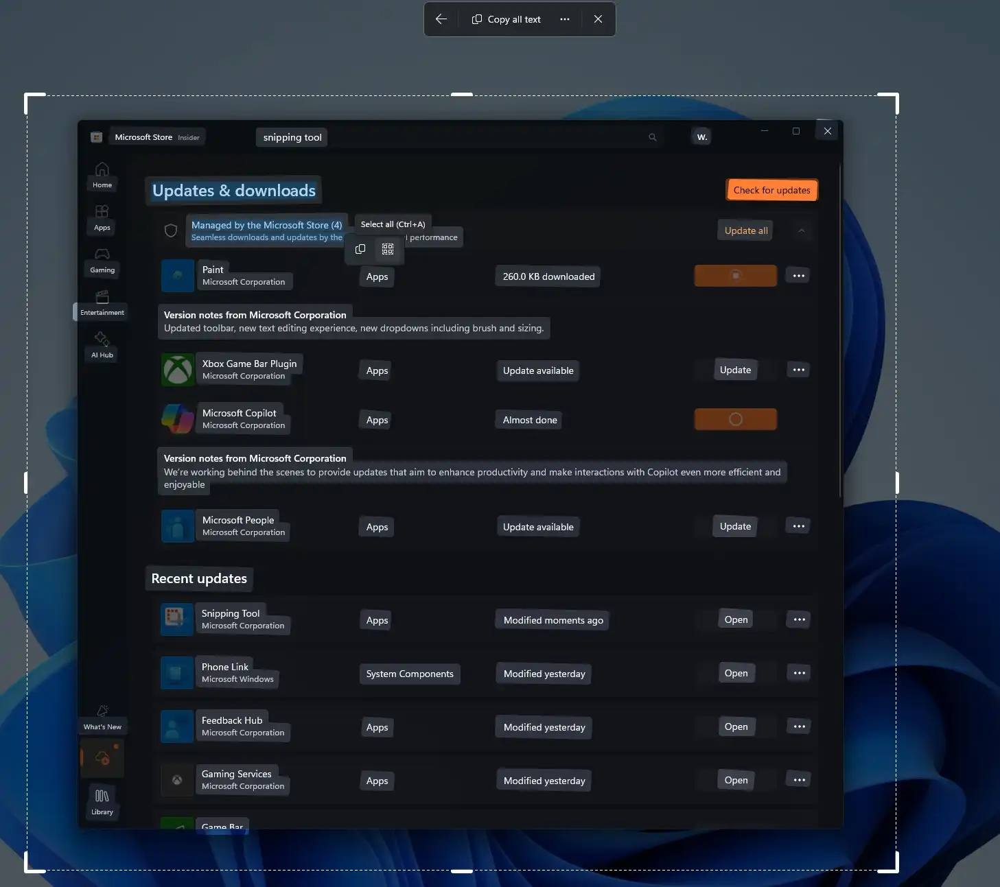 قابلیت هوش مصنوعی ویندوز 11 که به شما امکان می‌دهد متون را از روی صفحه، تصاویر یا فایل‌های PDF کپی کنید، در حال انتشار است.
