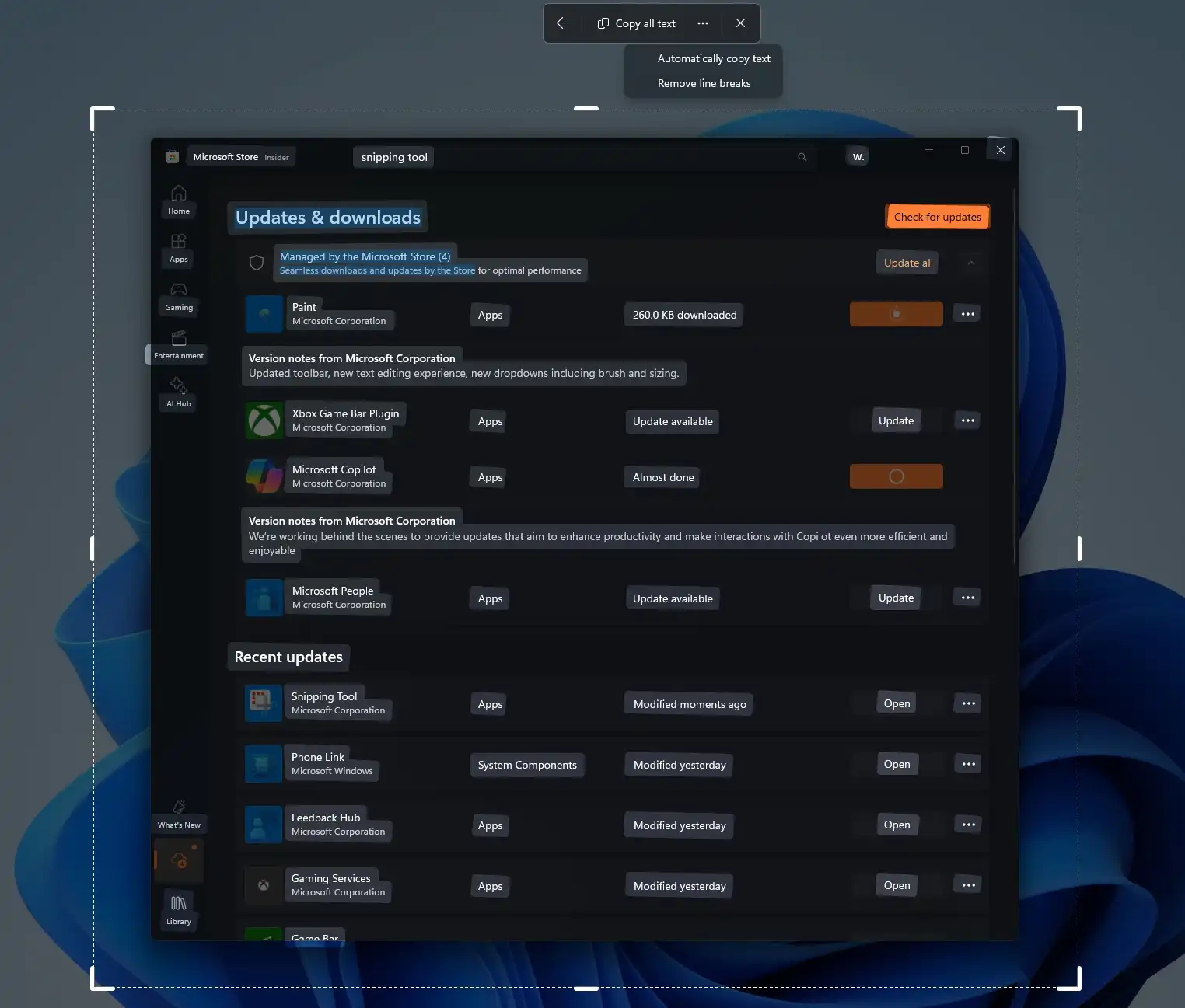 قابلیت هوش مصنوعی ویندوز 11 که به شما امکان می‌دهد متون را از روی صفحه، تصاویر یا فایل‌های PDF کپی کنید، در حال انتشار است.