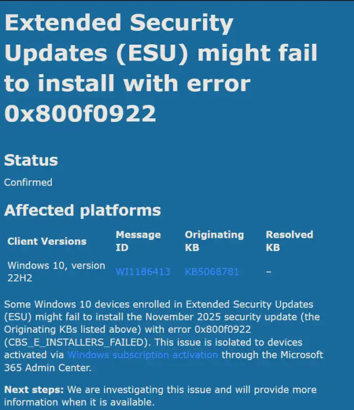 به‌روزرسانی اضطراری KB5072653 ویندوز 10، خرابی ESU و خطای 0x800f0922 مربوط به KB5068781 را برطرف می‌کند.