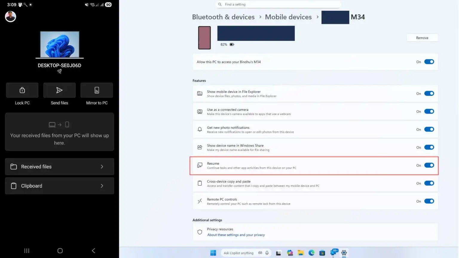مایکروسافت از نوار وظیفه (Taskbar) ویندوز 11 برای از سرگیری فعالیت‌های اندروید شما استفاده می‌کند.