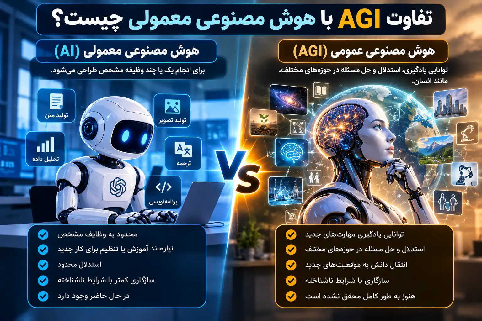 تفاوت AGI با هوش مصنوعی معمولی چیست؟ تفاوت AGI با هوش مصنوعی معمولی چیست؟