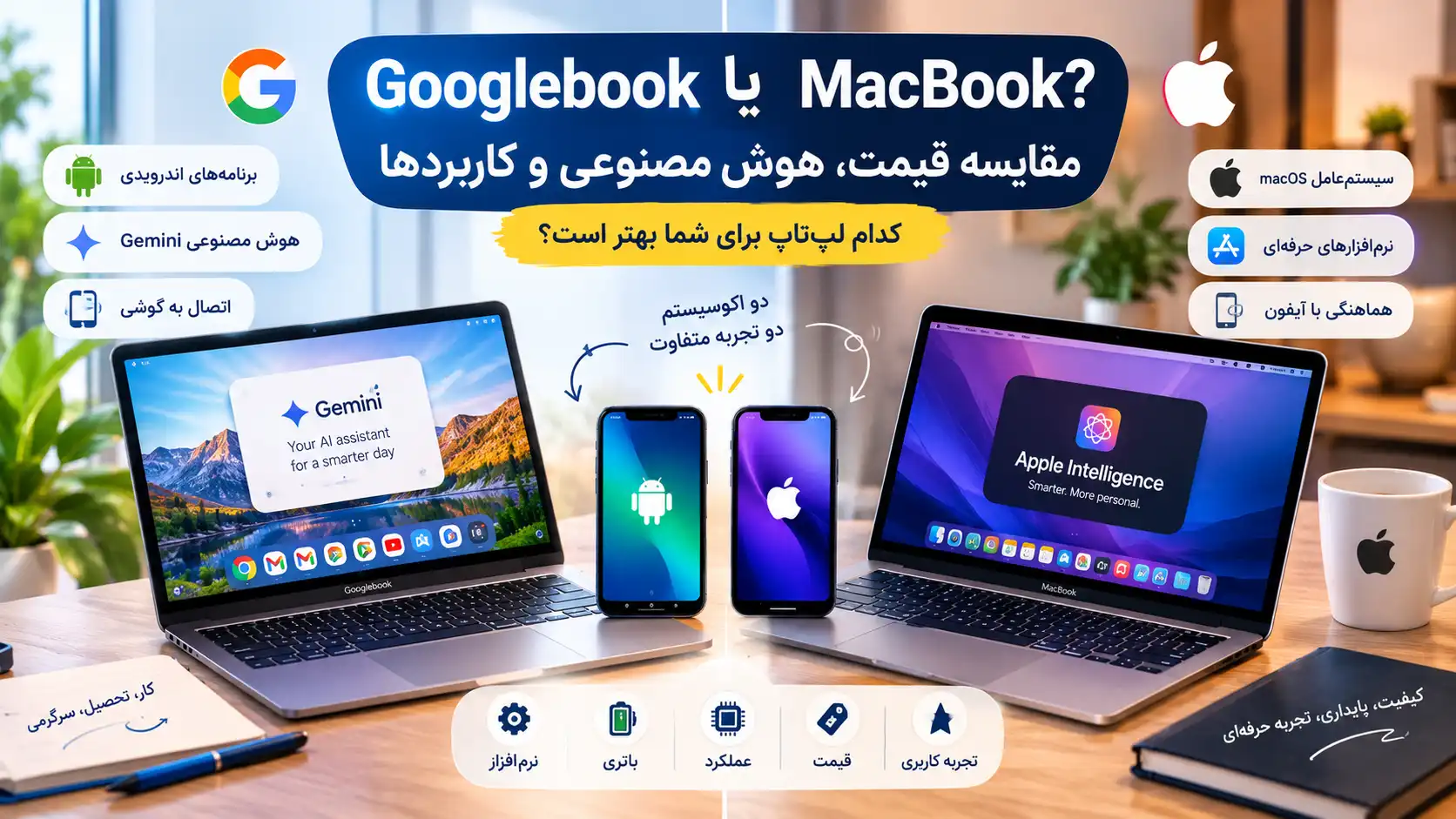 Googlebook بهتر است یا MacBook؟ مقایسه قیمت، هوش مصنوعی و کاربردها